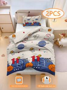 2PCS . Basketball Youth Theme Bedding Set Children's Bedding Set, 100% Polyester, 3D Double-Sided Printed Anime Cartoon Children's Bedding Set, Suitable For Both Boys And Girls (1 Single-Sided Printed Pillowcase+1 Double-Sided Printed Duvet Cover, Without Padding) - Multicolor - View 1