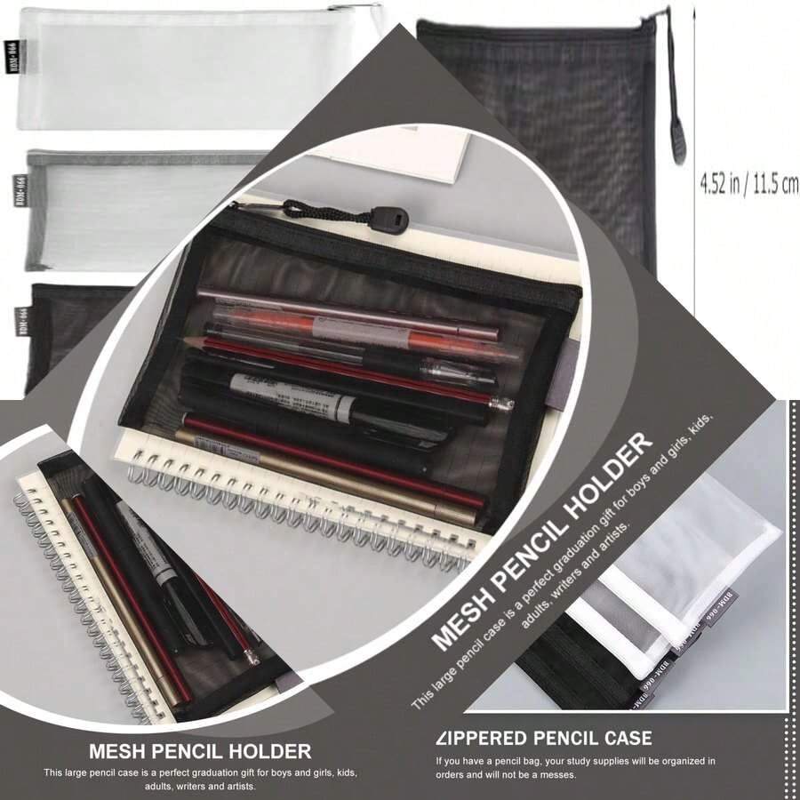 CALLARON 3 piezas Bolsa de Lápices de Nylon con Malla Transparente Estuche de Lápices con Cierre Organizador Portátil de Útiles Escolares Negro y Gris para Estudiantes y Profesionales - como en la foto - Ver 1