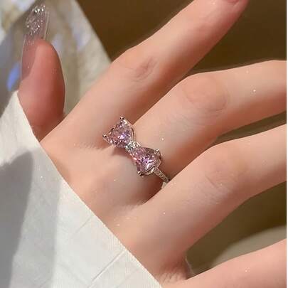 1 chiếc nhẫn hình trái tim có thể điều chỉnh hình nơ màu hồng ngọt ngào và thanh lịch, thích hợp cho phụ nữ, đeo hàng ngày/dự tiệc, ngày lễ tình nhân, mẹ, mẹ, ngày của mẹ, quà tặng