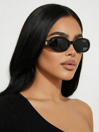 1 par de gafas de mujer de montura ovalada de PC negra, de unicolor vintage, de estilo minimalista y de moda para la calle