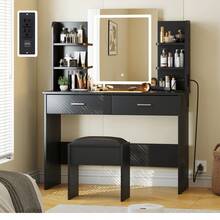 Tocador con Espejo y Luces, Set de Maquillaje con Mesa y Banquito, Toma de Corriente, Tocador con 6 Repisas de Almacenaje, 2 Cajones Grandes y Luz en 3 Tonos con Brillo Ajustable, Color Negro