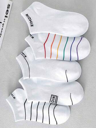 5 Pairs Men's Fashion Letter & Stripe Breathable Casual Sports Ankle Socks, Spring/Summer