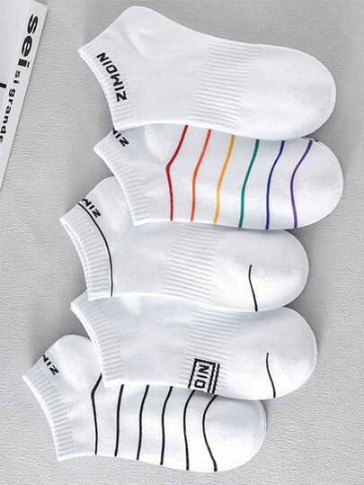 5 Pairs Men's Fashion Letter & Stripe Breathable Casual Sports Ankle Socks, Spring/Summer
