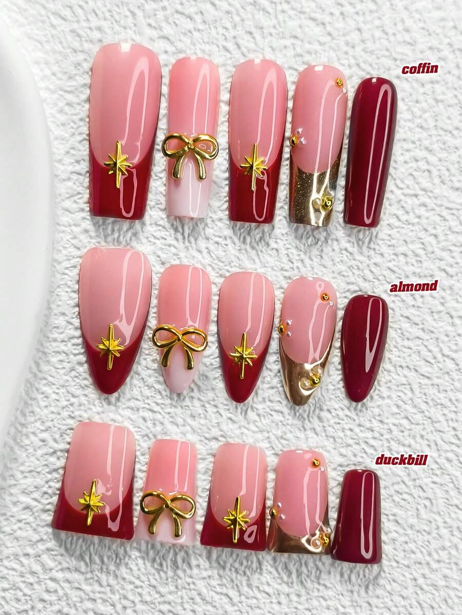 10pcs French Manicure Nail Stickers, Chic Style With Gold & Deep Red French Tips, Pearlescent Star Design, 3 Styles Available: Almond, Square, Stiletto Shapes, Includes Tool Kit (1 Jelly Sticker + 1 Nail File), Suitable For Women & Girls, Daily, Photography, Party, Wedding Nails Nail Supplies - 彩色 - 查看 1