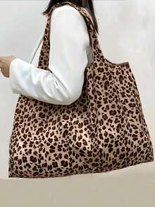 Bolso de mano estampado de leopardo de moda, bolso de mano grande de mujer de poliéster duradero con estampado de leopardo | Amplio para compras, diseño plegable adecuado para uso diario, viajes, trabajo, comestibles - Bolso de mano con estampado de leopardo de moda, bolso multifuncional, asas resistentes, accesorio de moda - Multicolor - Ver 3