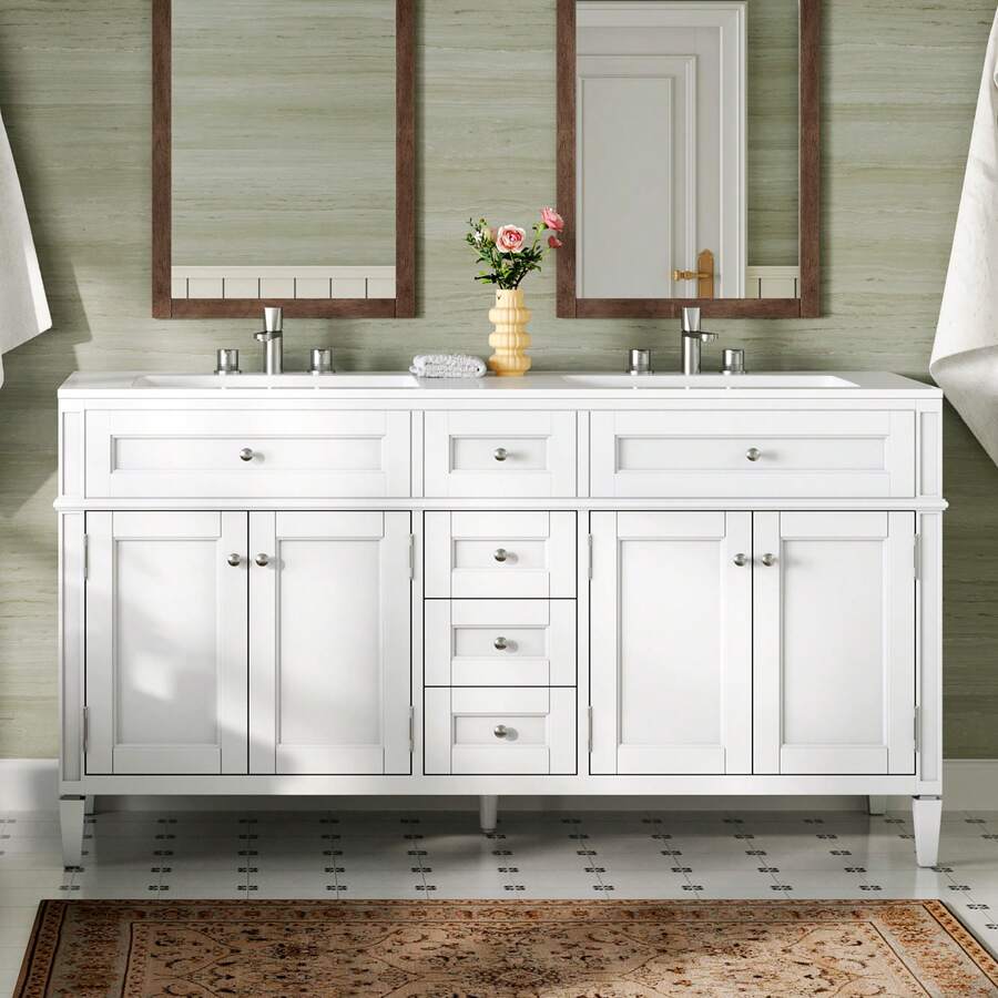 Bathroom Vanity With Sink Combo, 60″ Modern Double Sink Vanity With Solid Wood Cabinet, 3 Storage Drawers And Adjustable Shelves, 30-Min Quick Assembly - 白色 - 查看 1