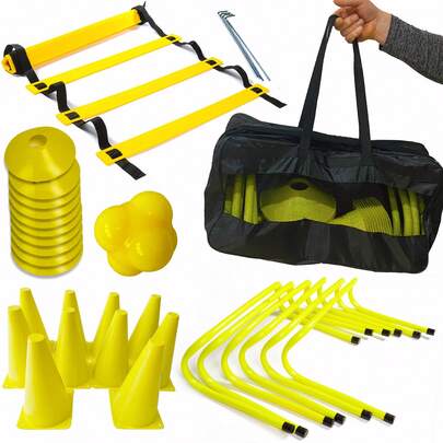 Football Training Equipment Set 6 Speed Hurdles 12 Rungs Agility Ladder 10 Traffic Cones 1 Reaction Ball Carry Bag For Soccer Fitness