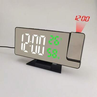 1pc Digital Projection Alarm Clock With Temperature & Humidity Display, Large LED Screen, USB Powered Wall Projection Clock, Plastic Rectangular Design, Flat Top, Working Voltage ≤36V, Rotatable Projection
