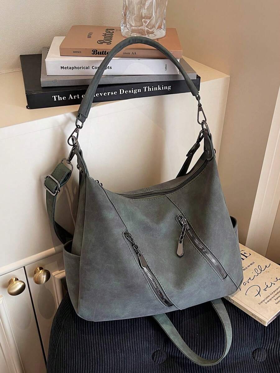 Merlard 复古 2026 哑光质感大容量时尚多功能单肩包，高端沙滩包，手提包，购物袋，大号包，小众质感手提包，拉链双肩带斜挎包 - 綠色 - 查看 1