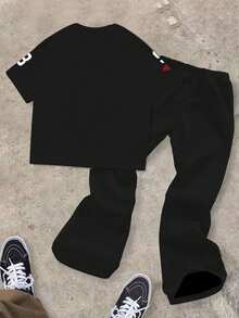 2pcs/Set Casual Classic Cartoon Character Print Round Neck T-Shirt And Flare Pants Outfit For Teenage Boys, Suitable For Spring/Summer - Black - View 4