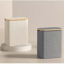 大容量带盖洗衣篮，带提手和可拆卸内袋，竹制提手，适用于宿舍、卧室、浴室收纳整理，可折叠，可作垃圾桶，经典款式，多组件设计，长方形，适合多种房间类型。