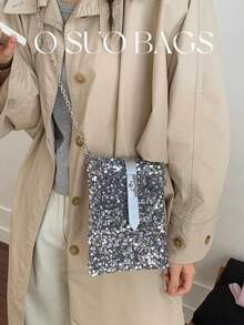 1pc Mini PVC Sequin Shiny Bucket Bag, Metal Chain Decor Glitter Ladies Party Clutch Purse, Fashion Gift Bag, Suitable For Women Party And Evening Wear - Silver - View 9