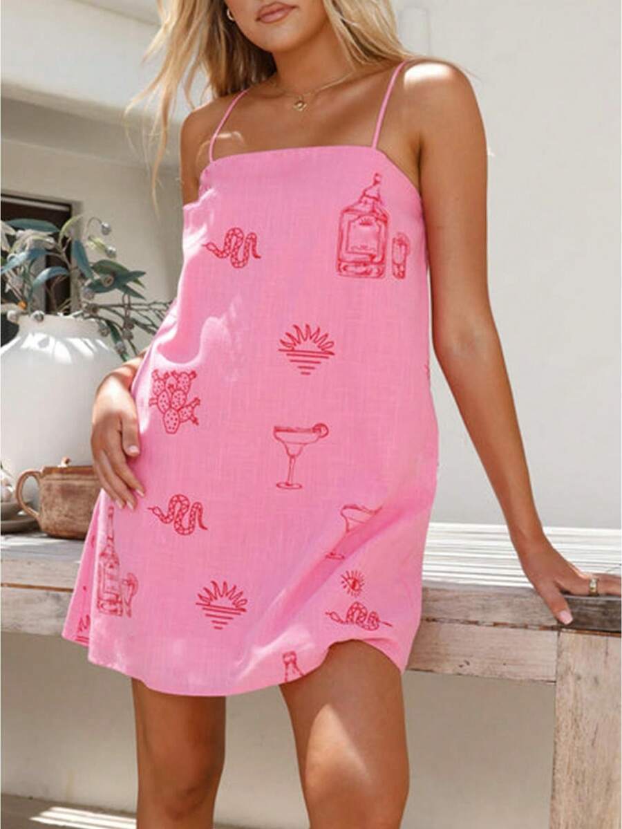 Vestido lencero para mujer, con tirantes finos, espalda descubierta, estampado gráfico, corte A, minivestido de verano - Rosa - Ver 1