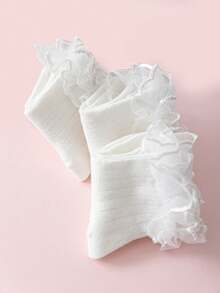 3 pares de nuevos calcetines blancos con adorno de encaje, calcetines versátiles para todas las estaciones, calcetines de estilo princesa dulce para niñas y bebés, calcetines elegantes para baile - Blanco - Ver 8