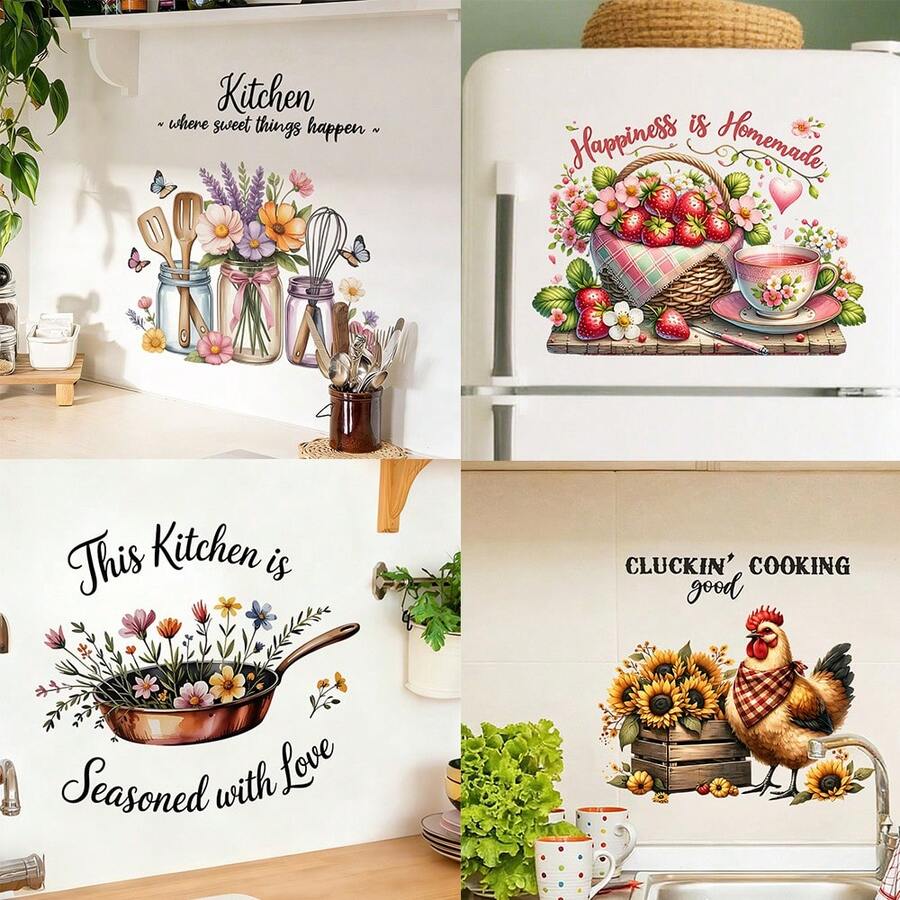 1/4pcs Inspirational Quote Wall Decals Happiness Is Homemade Seasoned With Love Text Pattern Removable Vinyl Art Murals For Kitchen Tile Stove Backsplash DIY Living Room Ornament - Multicolor - View 1