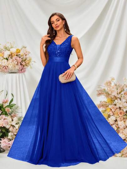 春夏V领无袖刺绣网纱A字型正式伴娘礼服、优雅派对礼服、正式婚礼宾客礼服、毕业典礼礼服、晚礼服