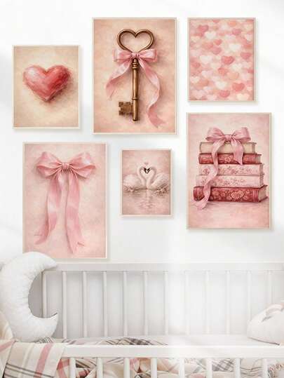 1pc Canvas Wall Art - Baby Goods Painted Heart Art Print, Valentine's Day Wall Decor, Book Lover Valentine's Day Wall Decor, Pink Vintage Book Illustration, Swan Art Print Heart-Shaped Swan Illustration, Heart-Shaped Key Art Print