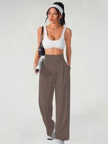 Women's High Waist Sports Pants - Loose Wide Leg Yoga Pants With Pockets, Fashionable Solid Color Casual Sports Wide Legs Pants, Wide Leg High Waist Casual Pants, Spring And Autumn Daily Casual - Cà phê nâu - Xem 3