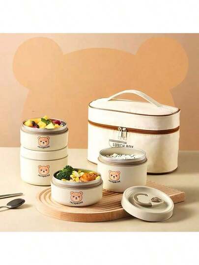 1/3/4/5pcs Cute Bear Thermal Lunch Box Set, Portable Insulated Bento Box, Suitable For Adults, Students, Office Workers, 304 Stainless Steel Food Container With Storage Bag, Dishwasher & Microwave (Apricot 34oz/48oz/68oz)