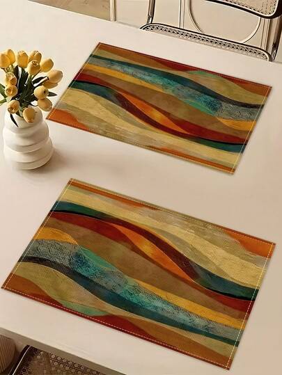 2/4/6/8pcs Geometric Pattern Linen Placemats, Rectangular Woven Everyday Kitchen Dining Table Mats For Restaurant, Party, Home Decor