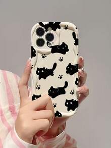 Cat Print Cream Wavy Edge Glossy Painted Anti-Drop Phone Case Cover Compatible With IPhone, Redmi - Multicolor - View 1