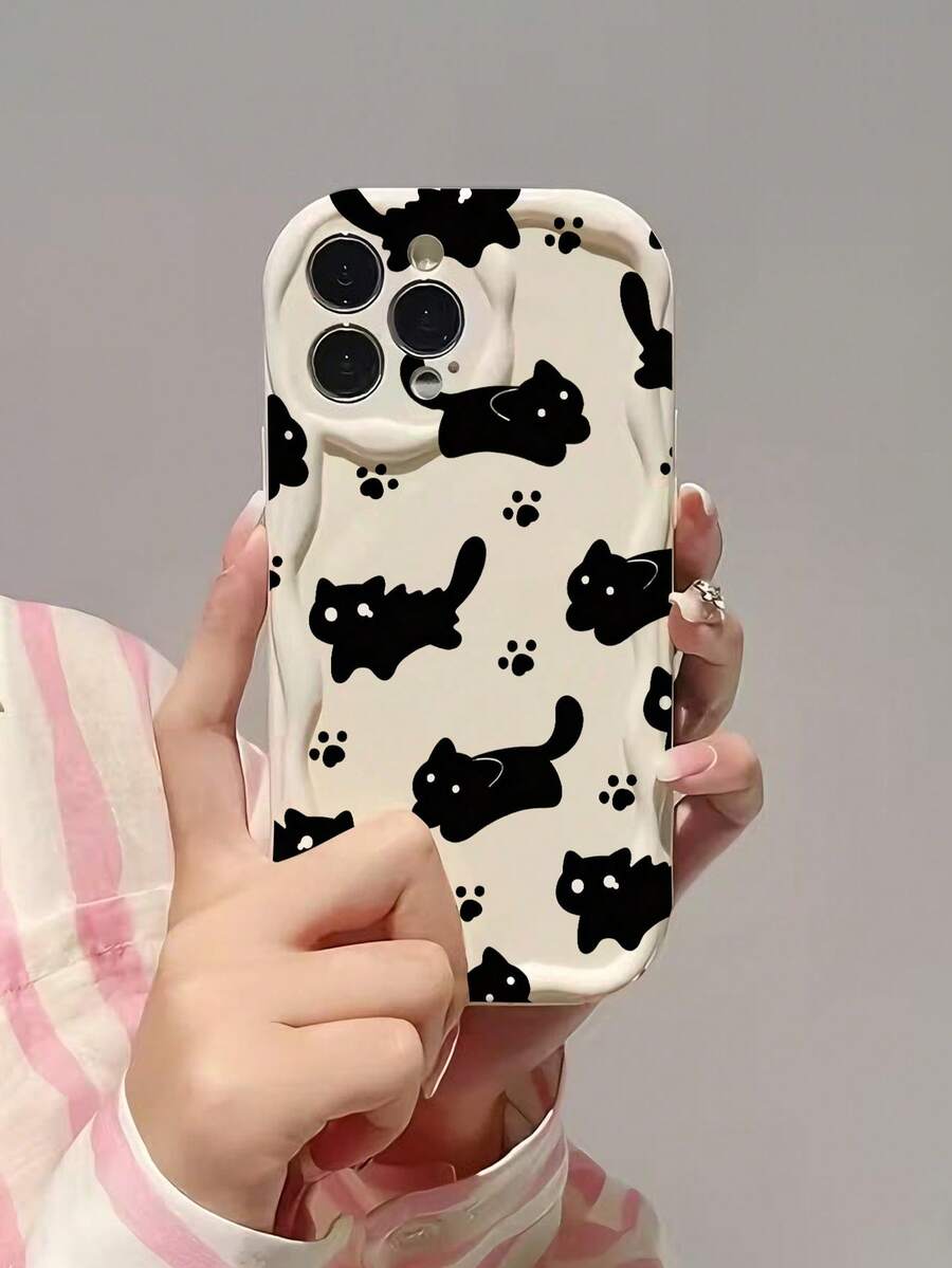 Cat Print Cream Wavy Edge Glossy Painted Anti-Drop Phone Case Cover Compatible With IPhone, Redmi - Multicolor - View 1