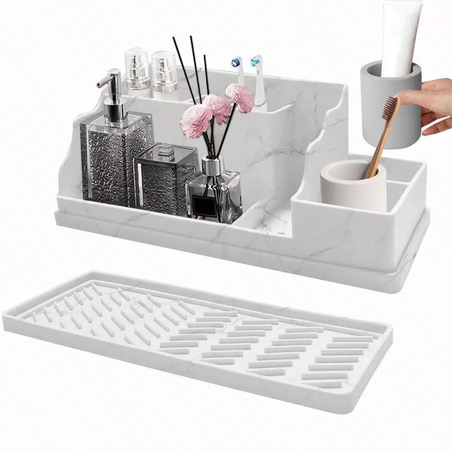 Marble Bathroom Countertop Organizer - Detachable 7 Slots Kids Electric Toothbrush And Toothpaste Holde Drainage For Bathroom Accessories Organization Counter Vanity Storage, Grey - Grey - View 1