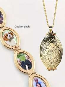 1pc Customized 4-Photo Oval Pendant Necklace, Fashion Oval Box Necklace, Mother's Day/Christmas Gift, Photo Memorial Necklace - Yellow - View 2