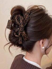 1pc Retro Leopard Print Bow Claw Hair Clip, Elegant Hair Claw Barrette Suitable For Women Daily Use