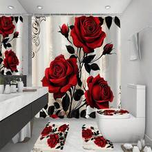 1/4 件套精美玫瑰花浴帘套装，装饰浴室套装，包含印花浴帘、防滑浴垫、马桶盖套、浴室地毯和 12 个塑料挂钩，浴室配件，家居装饰，宿舍装饰，农舍装饰 - 彩色 - 查看 10