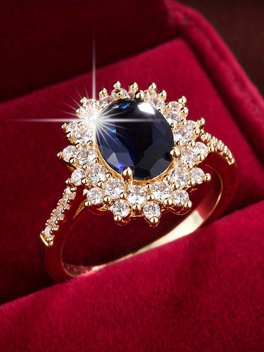 1 chiếc nhẫn đính hôn sang trọng dành cho nữ, đính đá Cubic Zirconia hình bầu dục màu xanh dương, kiểu dáng cổ điển, màu vàng kim, trang sức cưới cho phụ nữ. - nhẫn - Xem 1