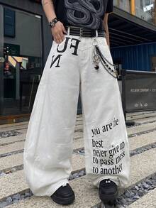 1件 Infinite Jeans 美国休闲品牌拼接男士个性化印花喇叭裤，宽松舒适的街头风阔腿裤（产品不含腰带和配饰） - 白色 - 查看 6