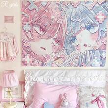 Kawaii Anime Pink Girl Tapestry – Home Decor Wall Hanging Bedroom Background Decor Cute Fashion Lady Tapestries For Living Room - T7-03-GT - 查看 3
