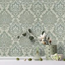Papel de Parede Autoadesivo em Estilo Clássico Europeu (1 Rolo), Fundo Verde com Estampa Branca, 44 x 300 cm (17,32 x 118,11 polegadas), Vinil Removível, Adesivo de Parede Decorativo Vintage Barroco, Impermeável e Removível, Fácil de Instalar, Ideal para Sala de Estar, Quarto, Banheiro, Cozinha, Escritório e Decoração Elegante para Ambientes - Verde - Ver 2