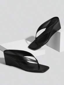 Athlefit Women's Low Wedge Sandals  Dressy Square Open Toe Summer Beach Flip Flops Thong Heeled Sandals - Black - View 4