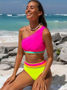 popvil Women Color Block Patchwork One Shoulder Bikini Set For Summer Holiday Vacation Beach - Multicolor - View 2