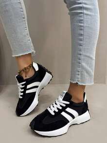 Women's Casual Sneakers, 2026 Spring/Autumn New Shoes Thick Sole Casual Lace-Up Shoes - Black - View 4