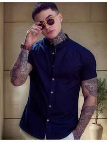 K027 Men's Linen Dress Shirt With Mandarin Collar - 藏蓝色 - 查看 2