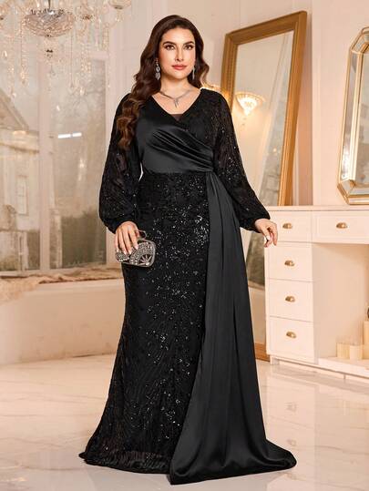 Plus Size Elegant Women's Long Sleeve V-Neck Sequin Abaya (Non-Fitted) Wedding Black Spring