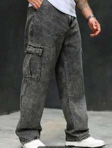 Stonewashed Cargo Pants, Bagg Street Style, Loose Fit, Zipper Pocket, Button Detail, Halloween, Christmas - 吸食大麻 - 查看 2