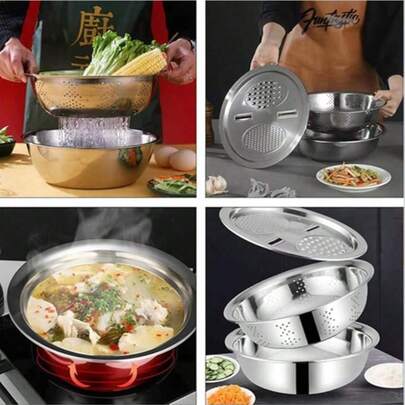 3pcs Stainless Steel Kitchen Set, Includes Integrated Grater, Multipurpose Strainer, And Drainable Prep Bowl - Versatile Bowl For Washing/Cutting Fruits, Vegetables, And Cheese