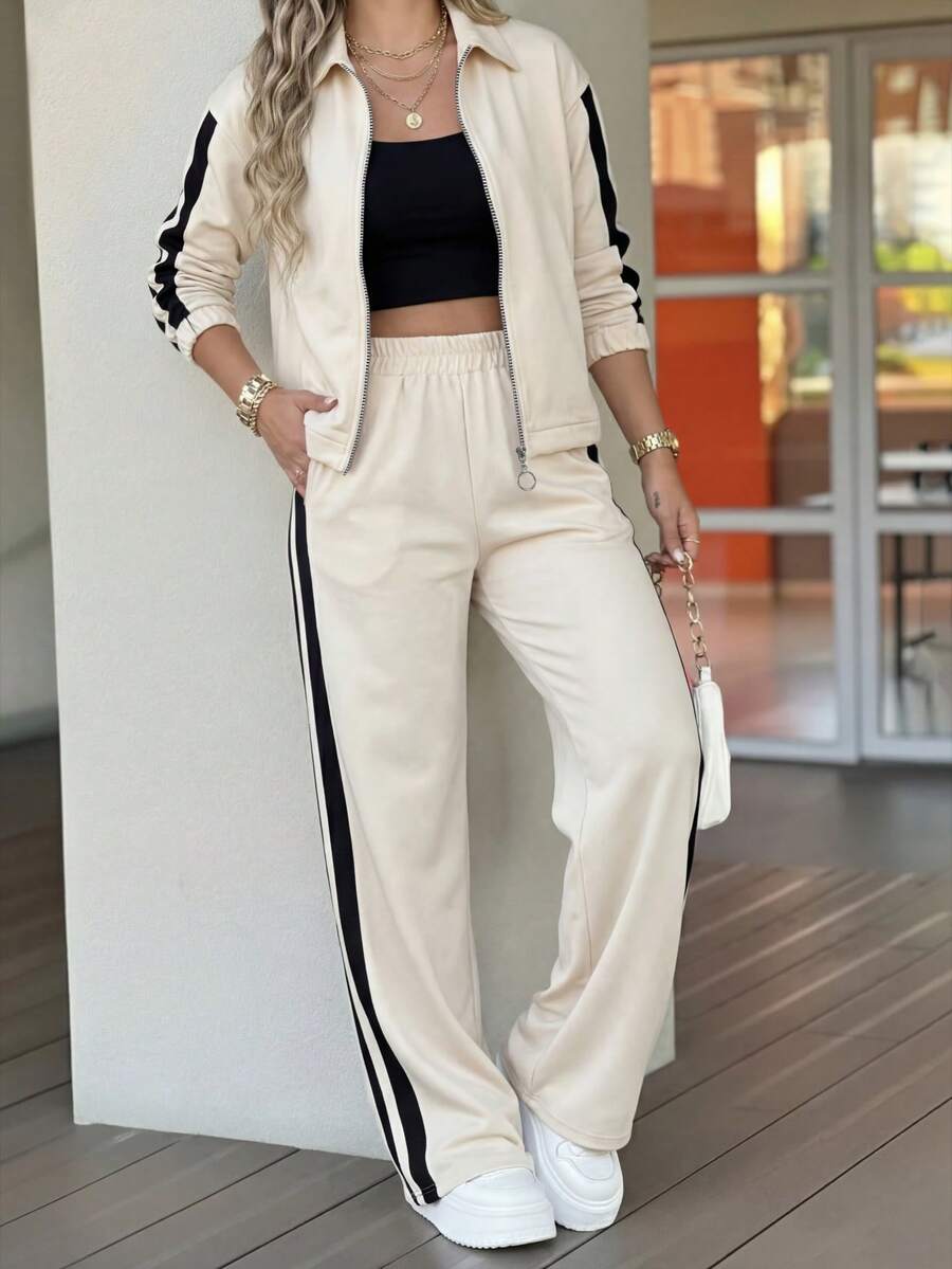 女士新款条纹拉链外套+高腰舒适阔腿裤休闲通勤套装，秋冬 - 杏色 - 查看 1