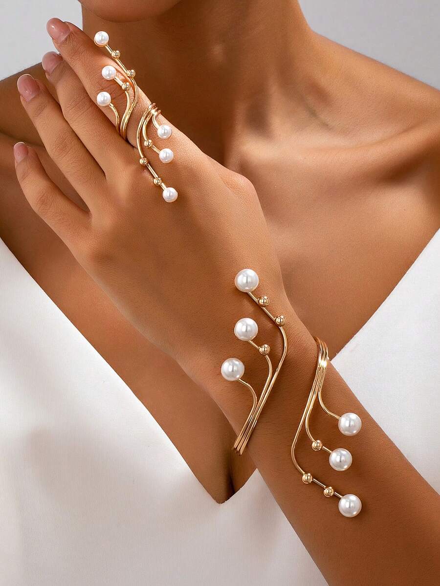 2 Stück/Set Europäischer & Amerikanischer Stil übertriebener geometrischer Hohllinien Perlen eingelegt Armband & Ring Schmuckset, elegante & charmante Accessoires geeignet für den täglichen Gebrauch, Partys, Urlaub - Gold+Weiß - Übersicht 1