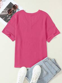 CILKOO 女士宽松扭结口袋V领休闲短袖T恤，春夏款 - 玫紅色 - 查看 9