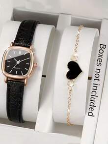 Women's PU Leather Watch Fashion Casual Square Digital Dial Elegant Quartz Wristwatch + Heart Bracelet (2pcs/Set) Not Including Watch Box - Black - View 2