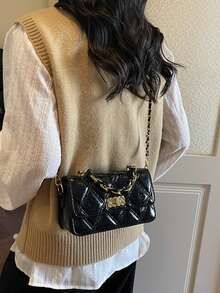 Fashionable High-Quality Quilted Embroidery Design Flap Metal Buckle Small Square Bag With Chain Strap, Elegant Shoulder/Crossbody Bag For Women - Black - View 4