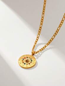 1pc Zodiac Symbol Pendant Necklace With Rhinestones, Stainless Steel Sweater Chain Design For Women