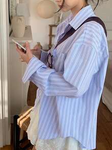 休闲甜美韩式蓝色条纹纽扣衬衫 - 藍色 - 查看 3