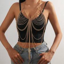1pc Sexy Nightclub Music Festival Outfit, European & American Style Chain Hollow Tassel Body Chain - Gold - View 8