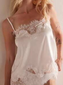 Satin Pajama Set For Women 2 Piece Lace Lingerie Set Y2k Silk Spaghetti Strap Cami Tops And Shorts Set Sleepwear - 白色 - 查看 8